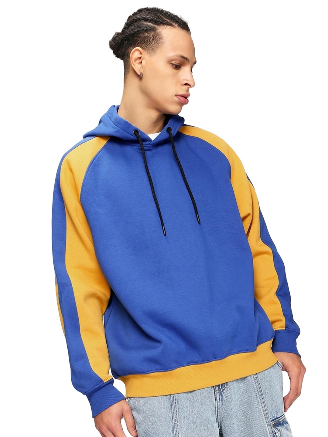 Bewakoof Men Plain Colour Blocked Blue Full Sleeve Hood Hoodies - S