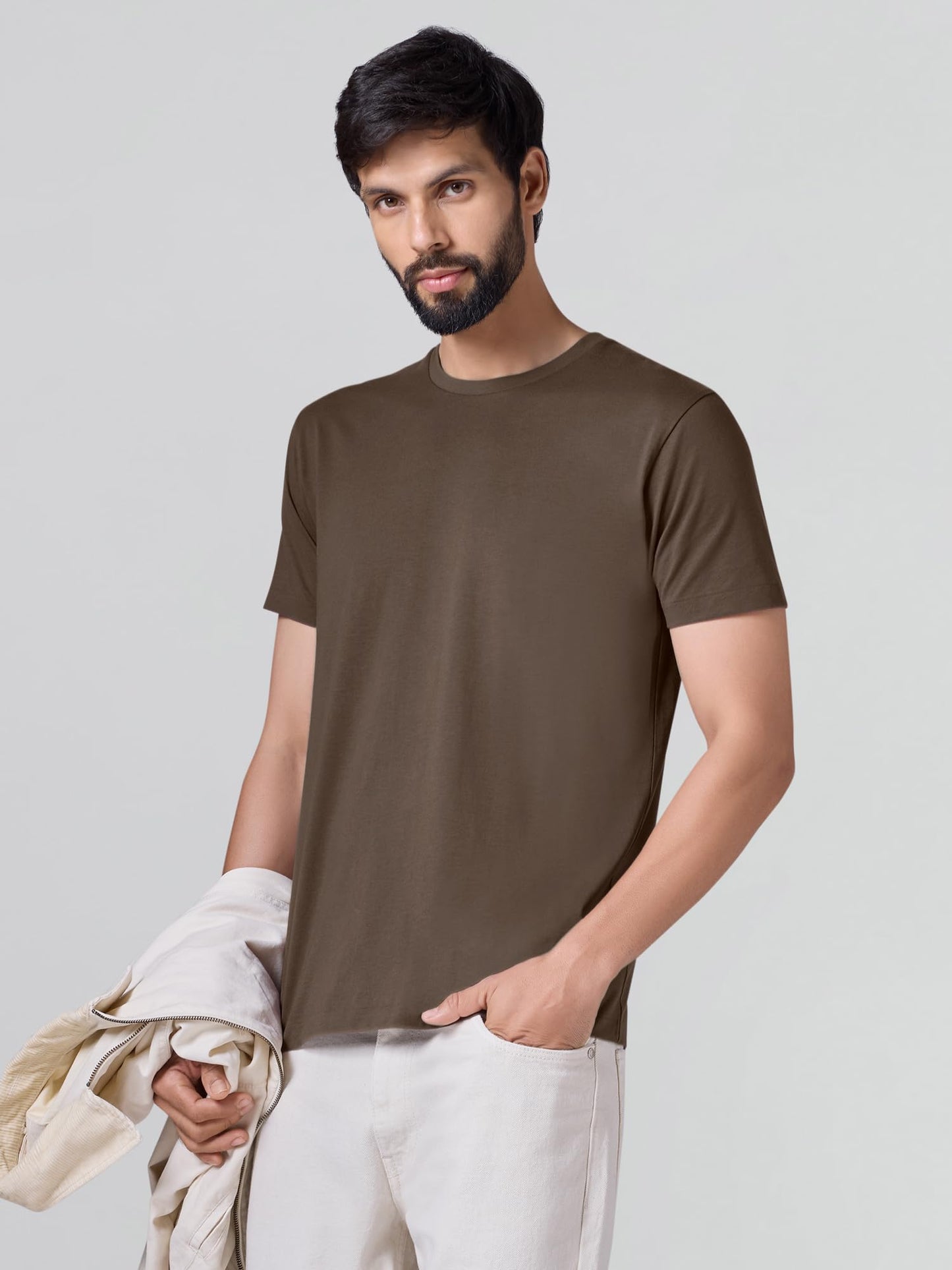 XYXX Iconique Mens Solid Supima Cotton T-Shirt | Round Neck Tshirts | Half Sleeves | Solid-Regular Fit | Espresso Brown