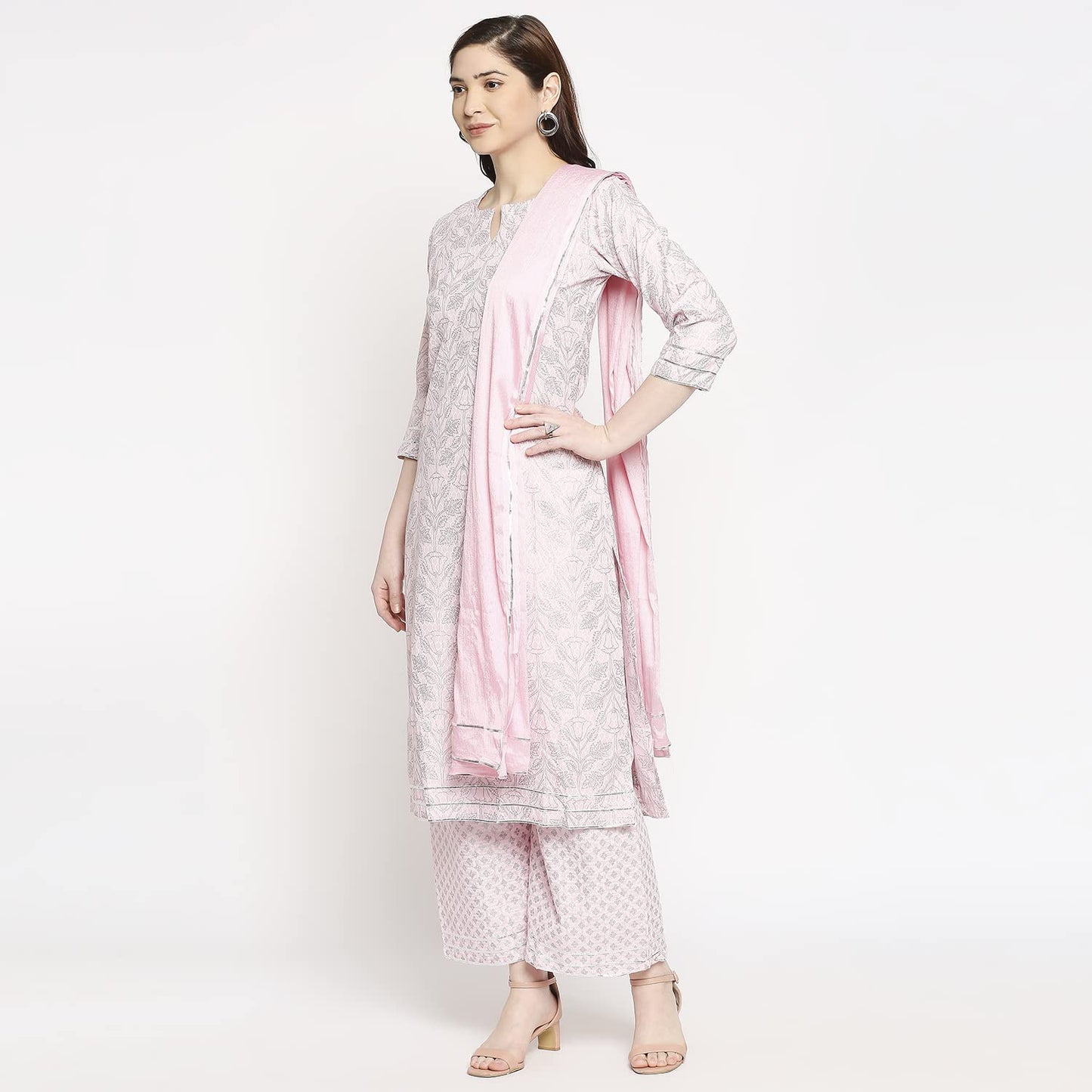 ANNI DESIGNER Women's Cotton Straight Kurta with Palazzo & Dupatta (DOLI Pink_GSK)