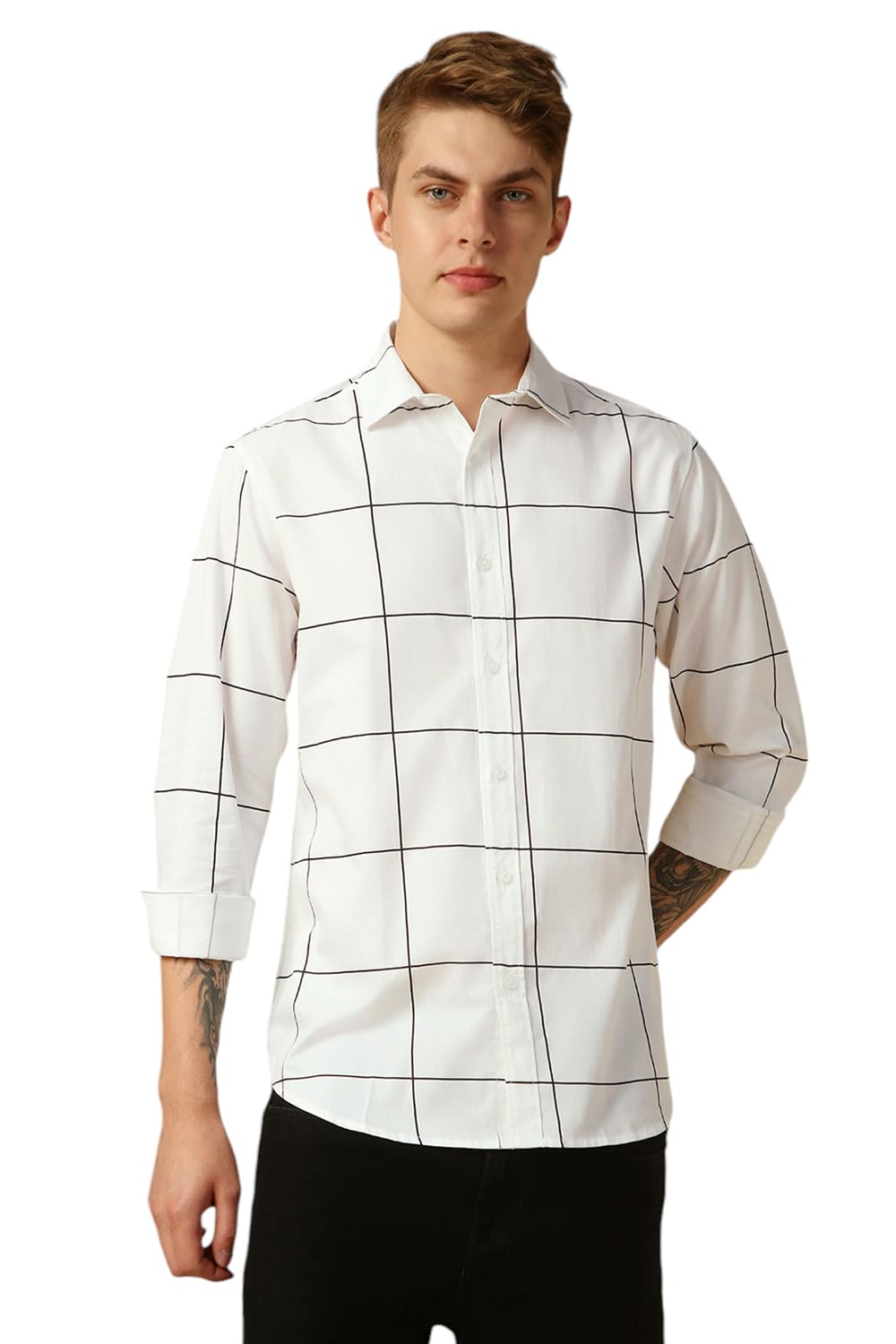 Dennis Lingo MenS White Full Sleeve Spread Collar Checkered Regular Fit Casual Shirt