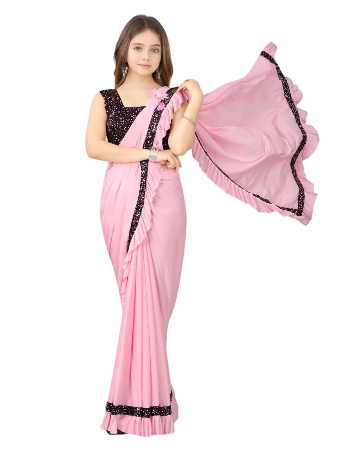 Dhyey Fashion Baby Girls Lycra Blend Saree With Unstitched Blouse Stylish Ethnic Wear For Little Fashion Icons,Soft And Stretch