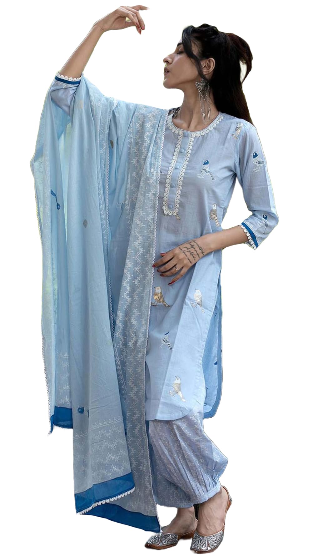ANNI DESIGNER Women s Rayon Blend Kurta with Trousers and Dupatta, Sky blue, Medium