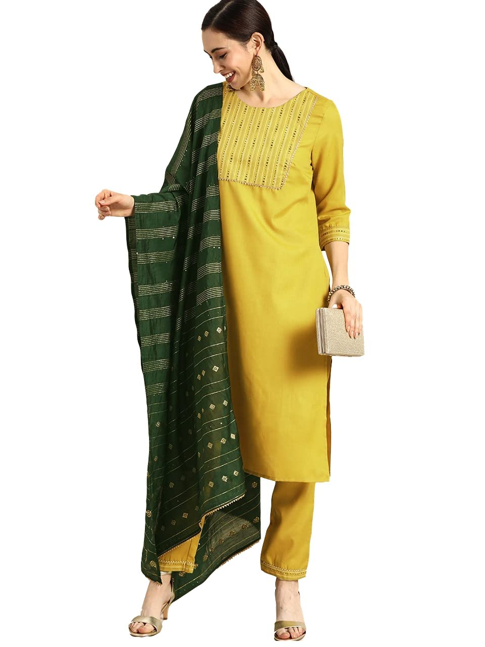 Anni Designer WomenS Ruby Cotton Straight Solid Kurta With Palazzo & Dupatta (Surat Mehandi_M-Yellow_Xx-Large)