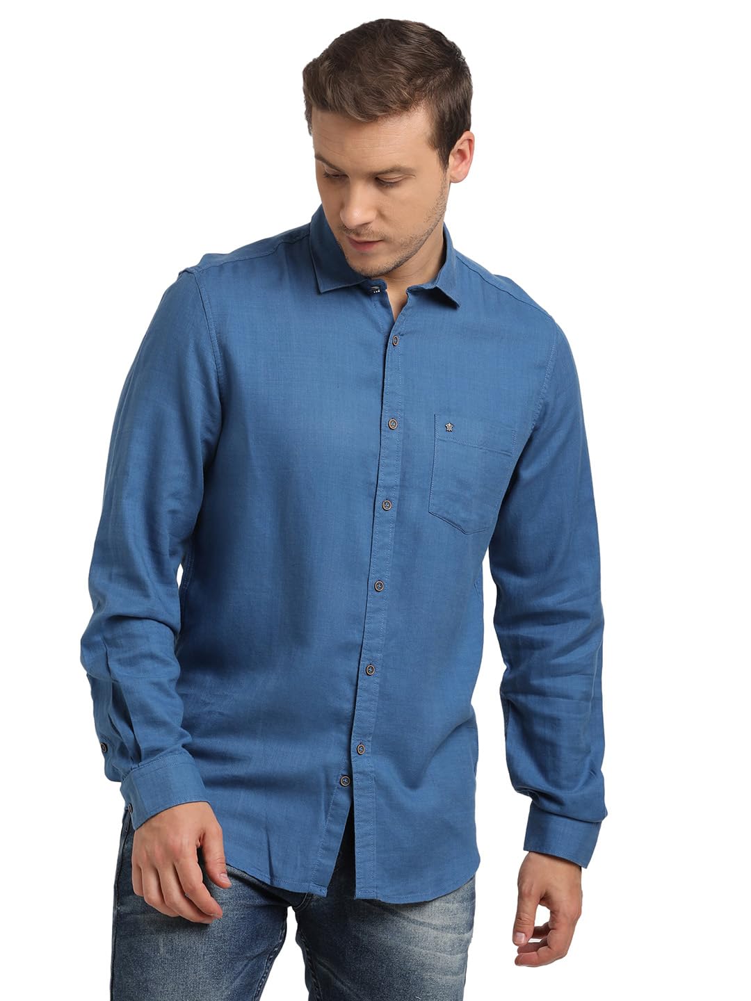 Turtle Men Cotton Lyocell Slim Fit Blue Solid Casual Shirt