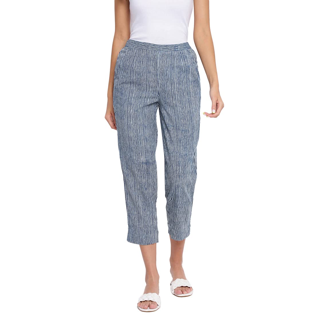 Fabindia Women Cotton Striped Dabu Casual Pant Indigo_Xl