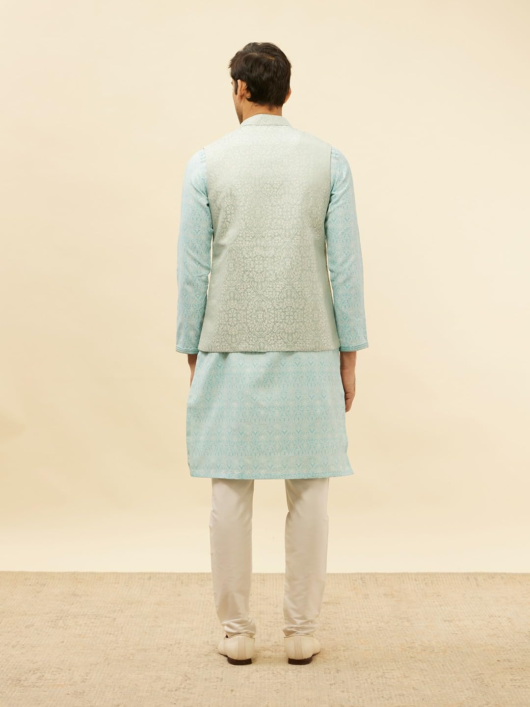 Manyavar Mens Blue Brocade JACQUARD Jacket