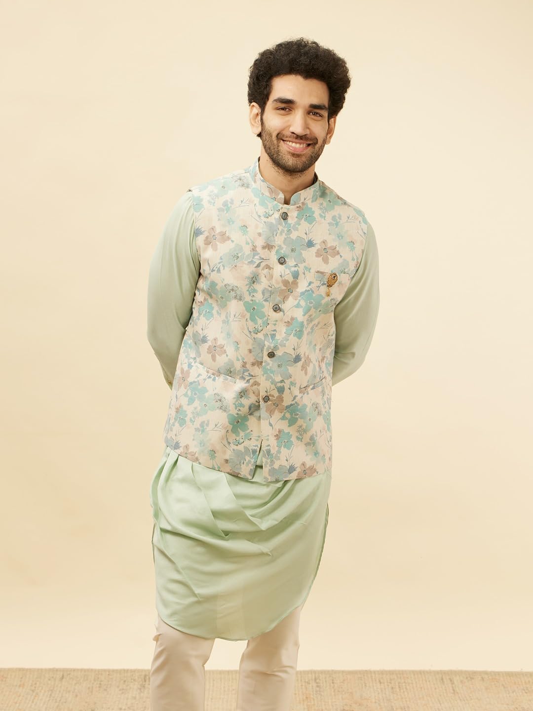 Manyavar Mens Beige Blended Linen Printed Kurta Trouser Jacket Set