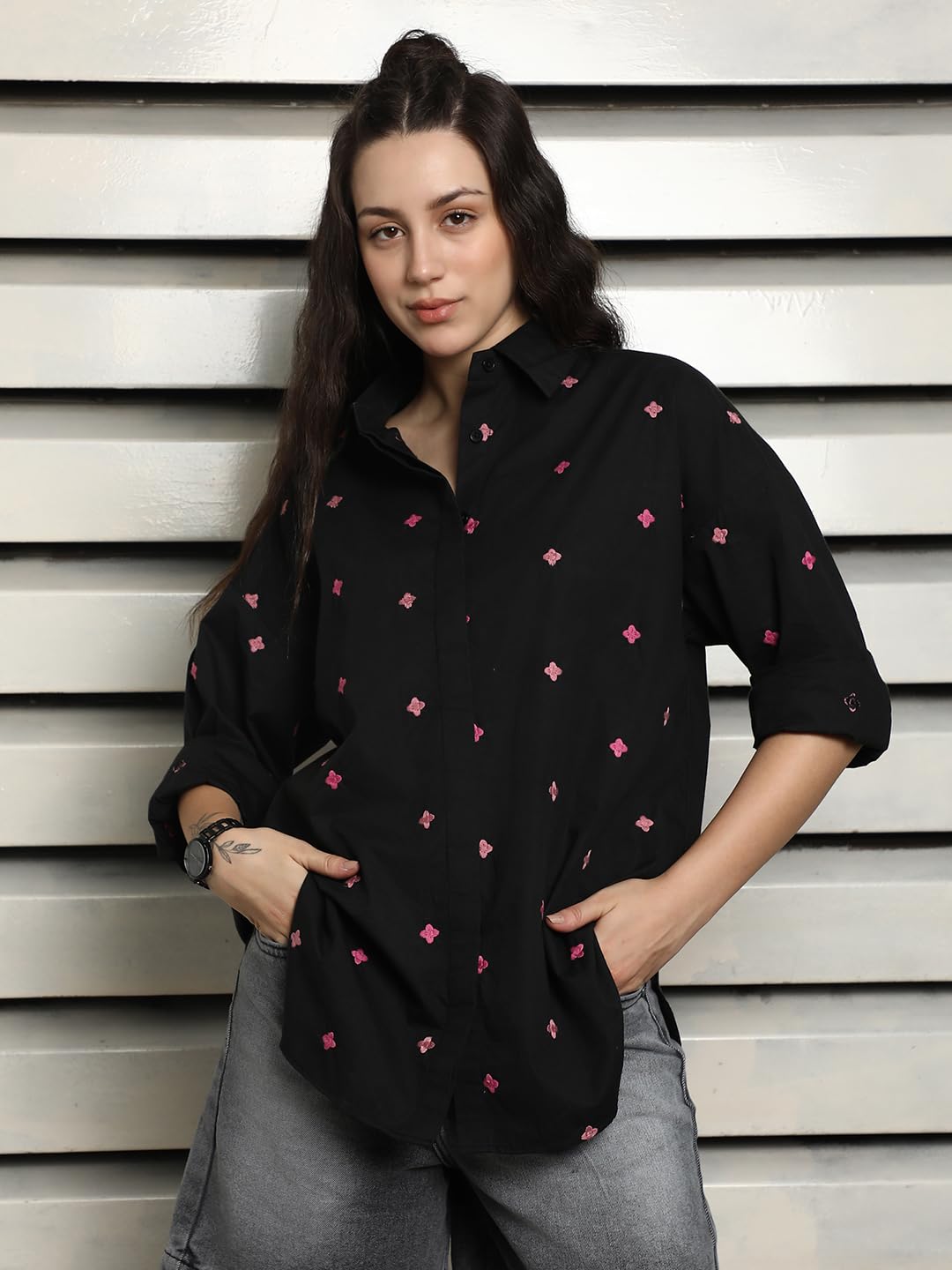 High Star WomenS Oversized Fit Shirt (Hswshs2432_Jun_Black