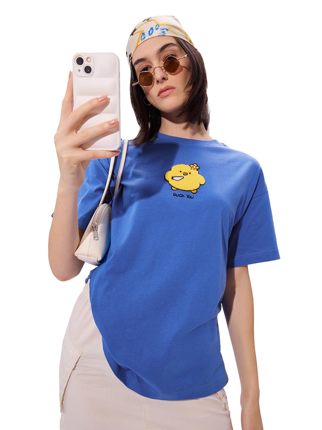 The Souled Store Duck You Women and Girls Short Sleeves Round Neck Blue Towelling Embroidered Cotton Oversized T-Shirts
