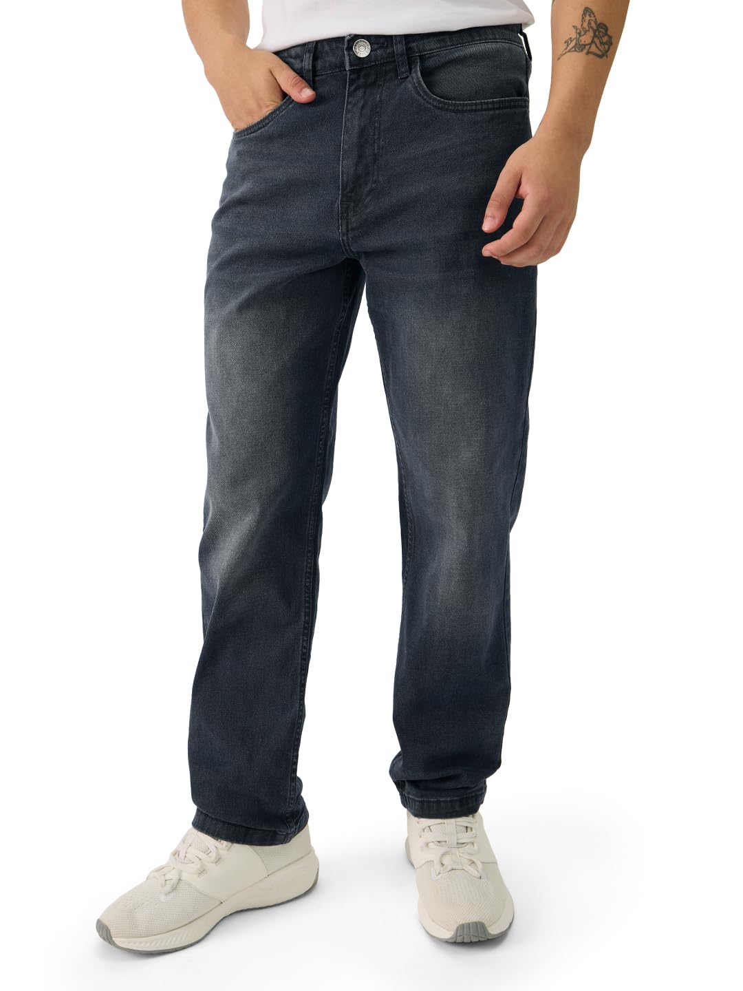 The Souled Store Denim: Dark Blue Men and Boys Buttoned Cotton Blend Straight Fit Jeans