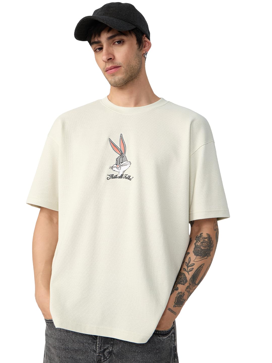 The Souled Store Official Bugs Bunny : Thats All Folks Mens and Boys Oversize Fit Half Sleeves Cotton T-Shirt White