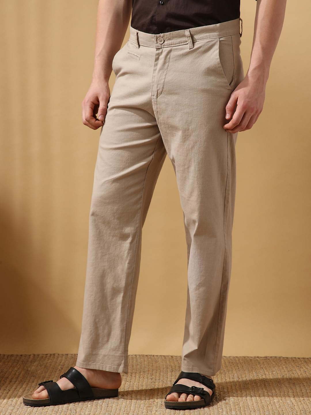 Dennis Lingo Men Oat Milk Solid Straight fit Trousers