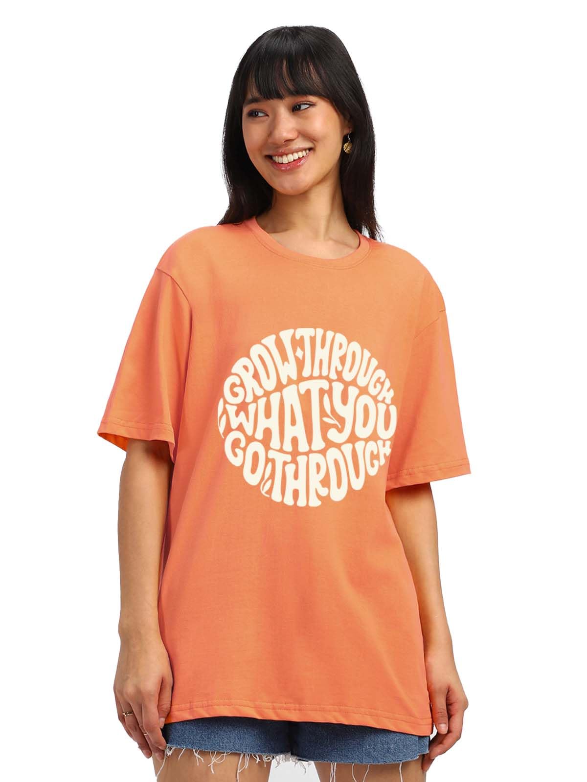 Juneberry WomenS Casual Pure Cotton Orange Printed Round Neck, Longline Drop Shoulder Loose Oversized T-Shirt |Oversized Tshirt