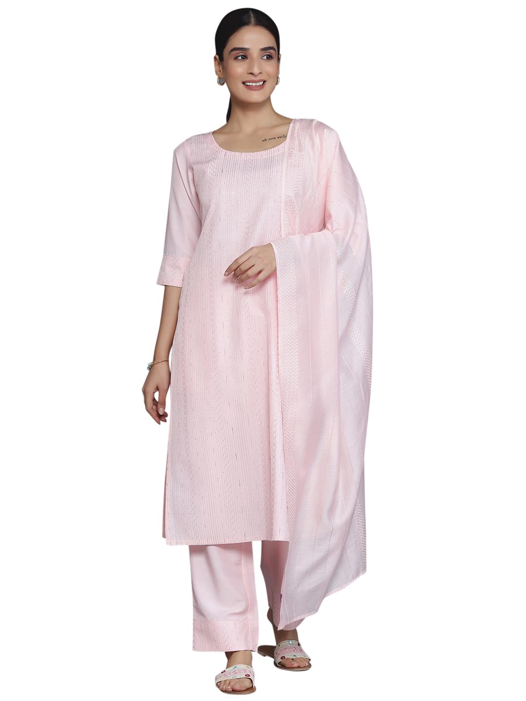 Libas Womens Self Design Silk Blend Straight Kurta With Palazzos And Dupatta