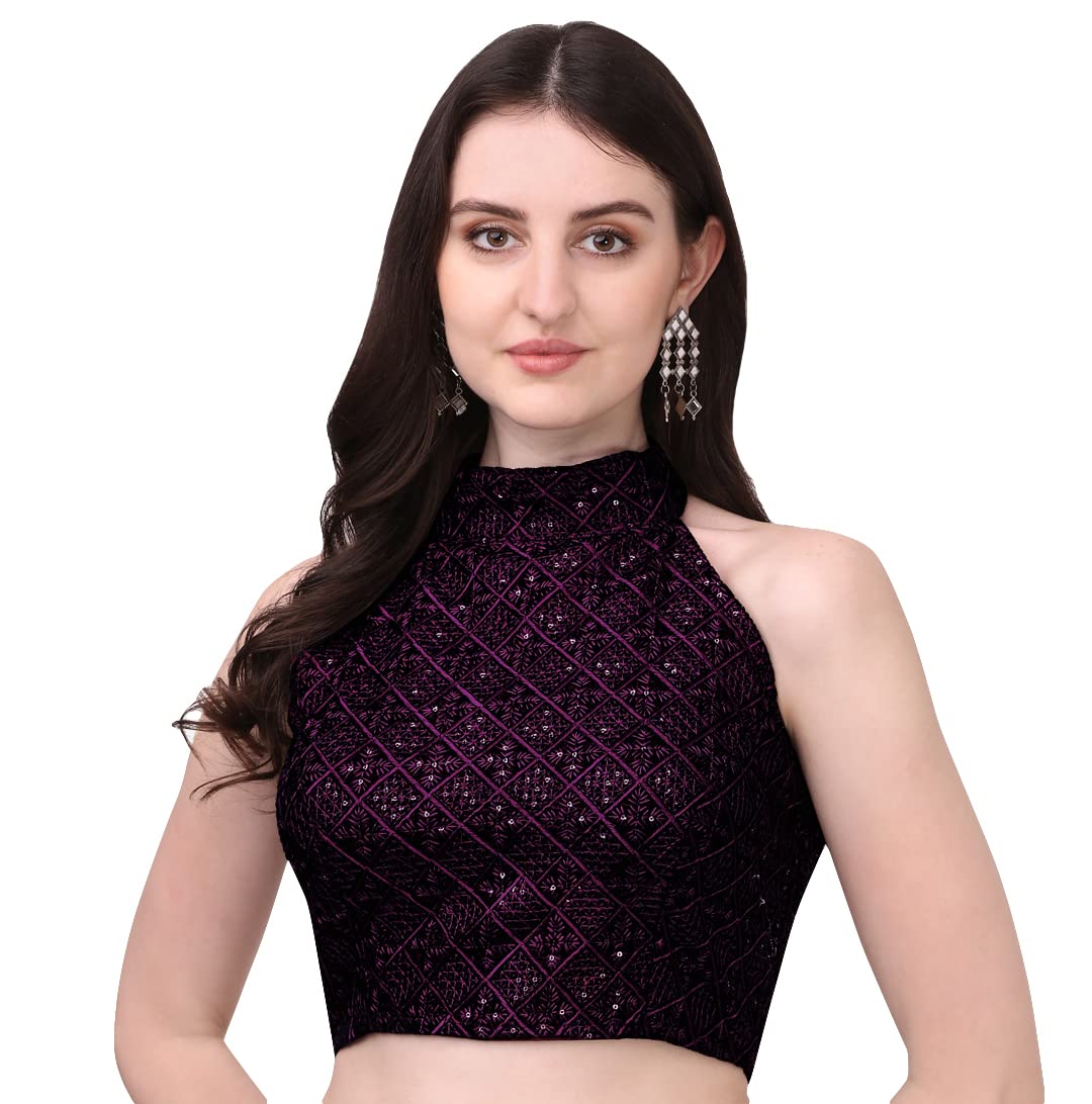 Pujia Mills WomenS Wine Sleeveless Blouse For Women Halter Neck Chickenkari Sequins Work Readymade Saree Blouse (Diamond Halter