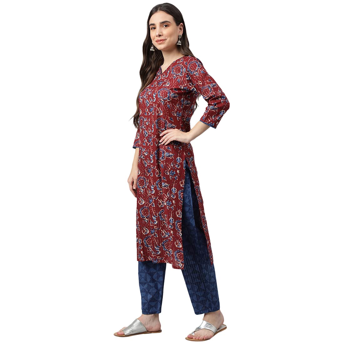 idaLia Maroon Printed Cotton Kurta with Blue Printed Pants