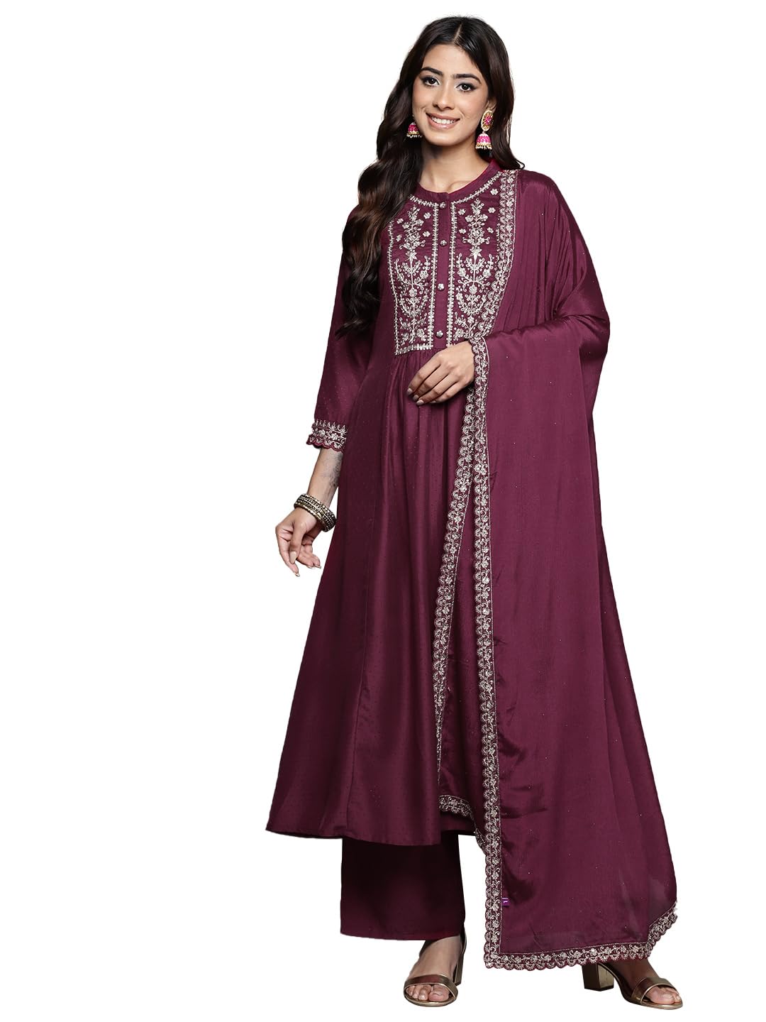 Libas Womens Silk Blend Kurta Sets (48404_Wine