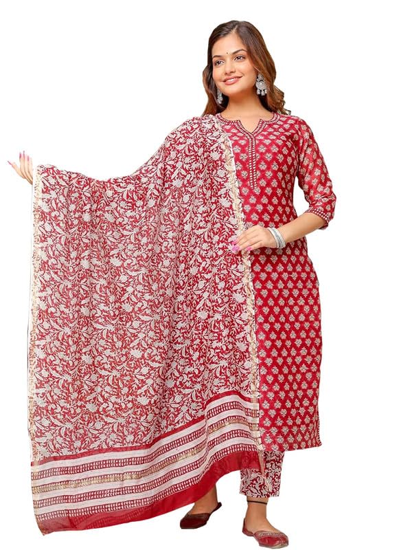 Pinkmint Women Cotton Blend Straight Printed Kurta with Pant & Dupatta Red