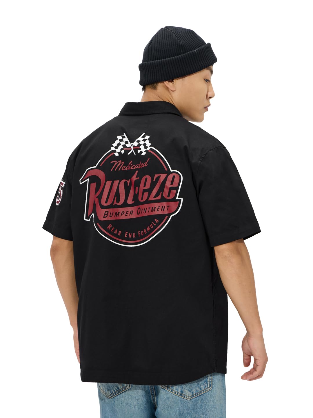 The Souled Store Cars: Rest-eze Men and Boys Collared Neck Button Front Black Graphic Printed Cotton Oversized Half Sleeve Shirt