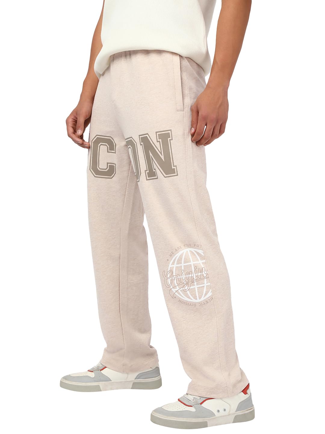 Bewakoof Mens Graphic Print Oversized Fit Terry Track Pant_664150_Beige_M