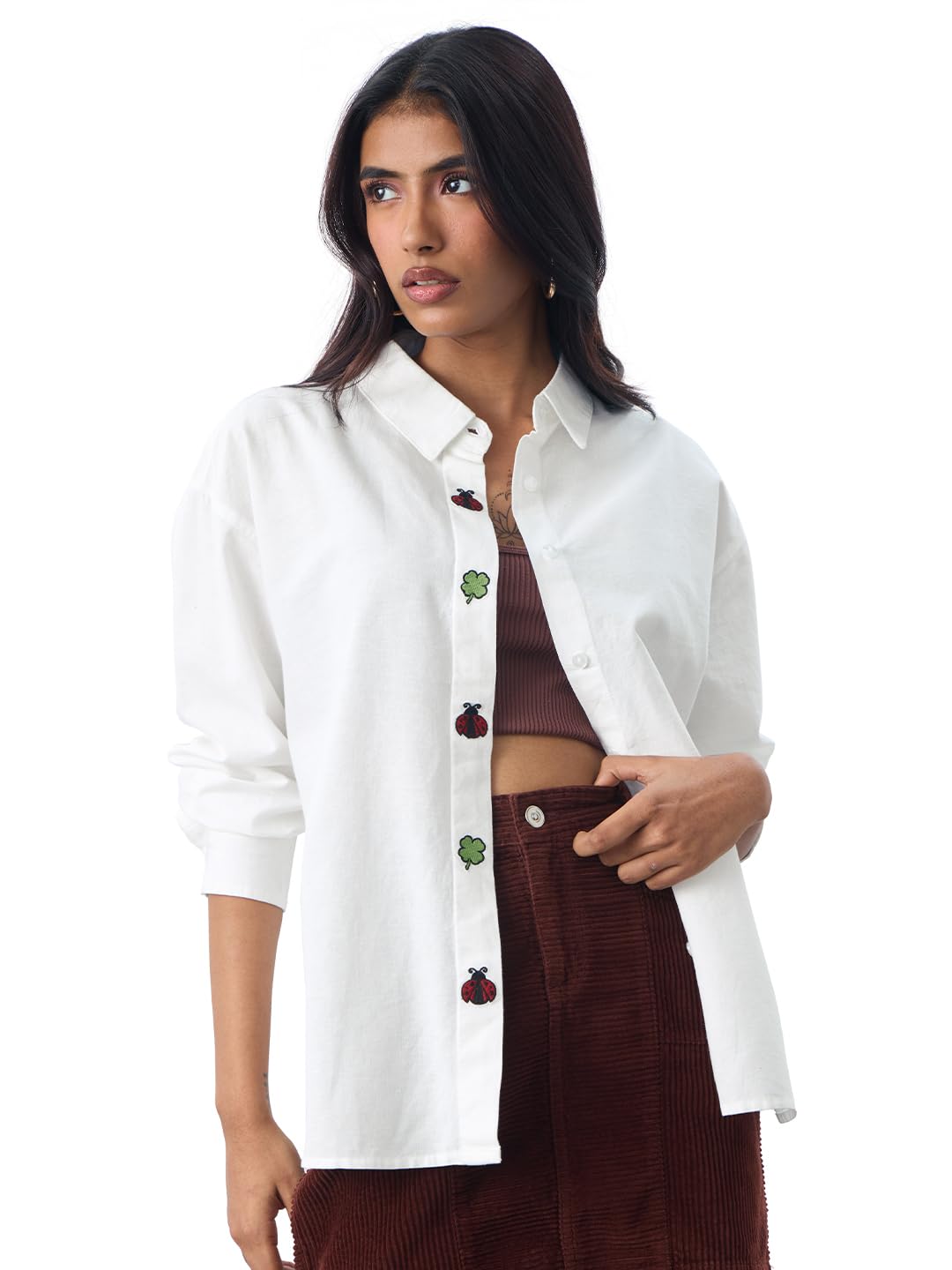 The Souled Store Cotton Linen: Lucky Clover Women and Girls Long Sleeves Collared Neck Button Front White Embroidered Lightweigh