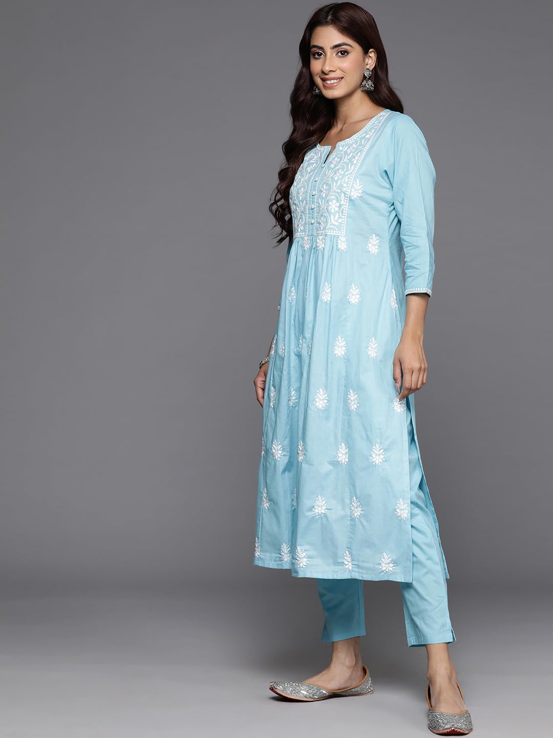 Varanga Women Blue Thread Embroidered Straight Kurta with Bottom and Dupatta