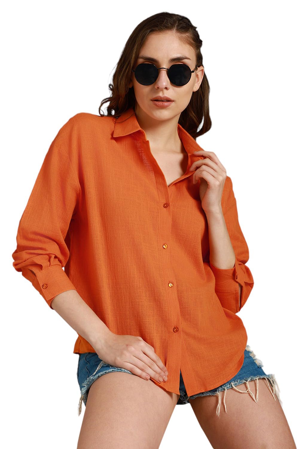 High Star WomenS Cotton Oversized Fit Shirt (Hswshw23003Fk_Or_Orange