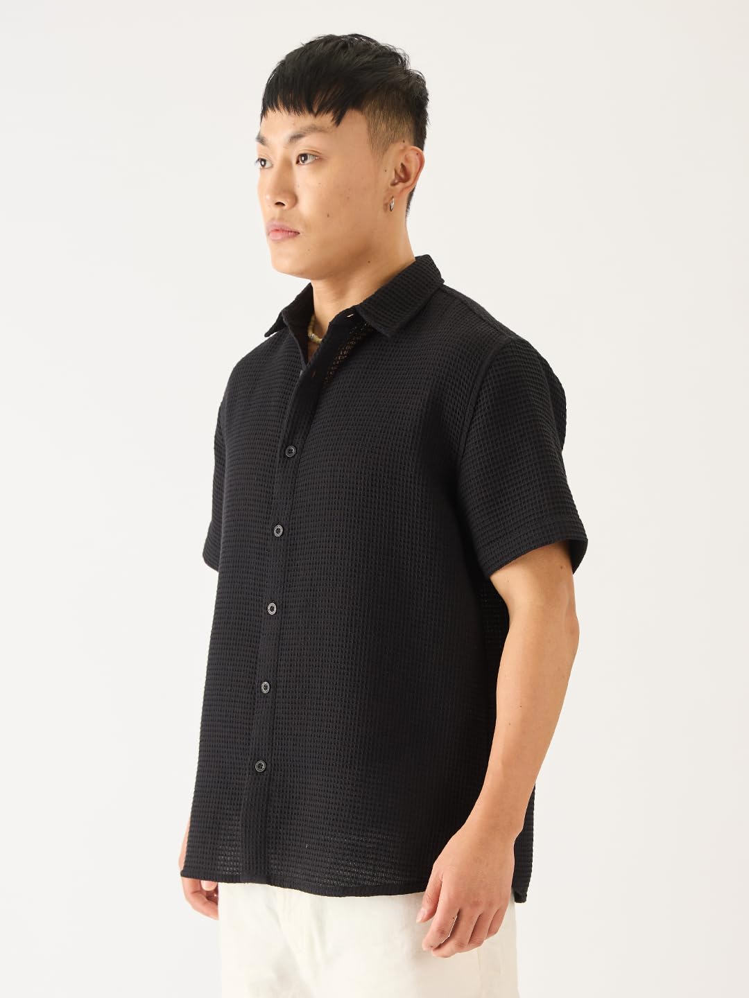 The Souled Store Solids: Midnight Black Men and Boys Short Sleeve Collared Neck Button Down Regular Fit Cotton Textured Shirts