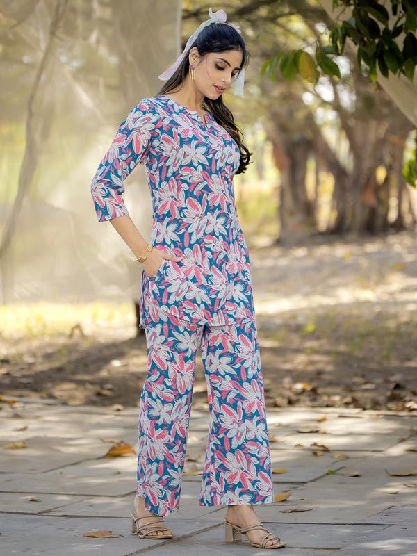 Pinkmint Womens Pure Cotton Co Ord Set l Flower Printed Co Ord Set l Stylish Pocket & 3/4 Sleeve Women Co-ord Set Multicolour