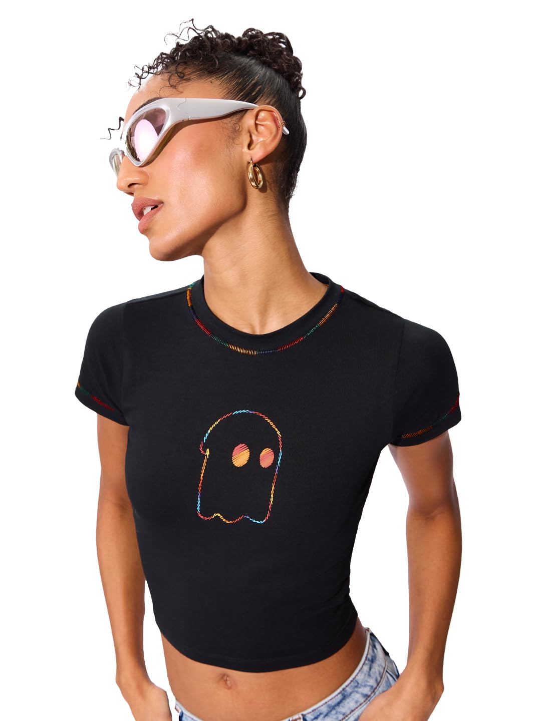 The Souled Store Soul Rhythm Women and Girls Short Sleeves Round Neck Black Embroidered Slim Fit Cropped Tops