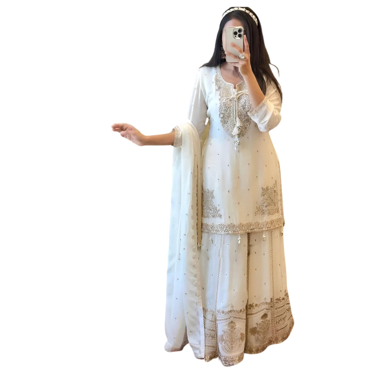 Anveri Textiles Silk Off-White Embroidered Kurta Set For Women Includes Embroidered Bottom & Dupatta, 3/4Th Sleeve, Traditional