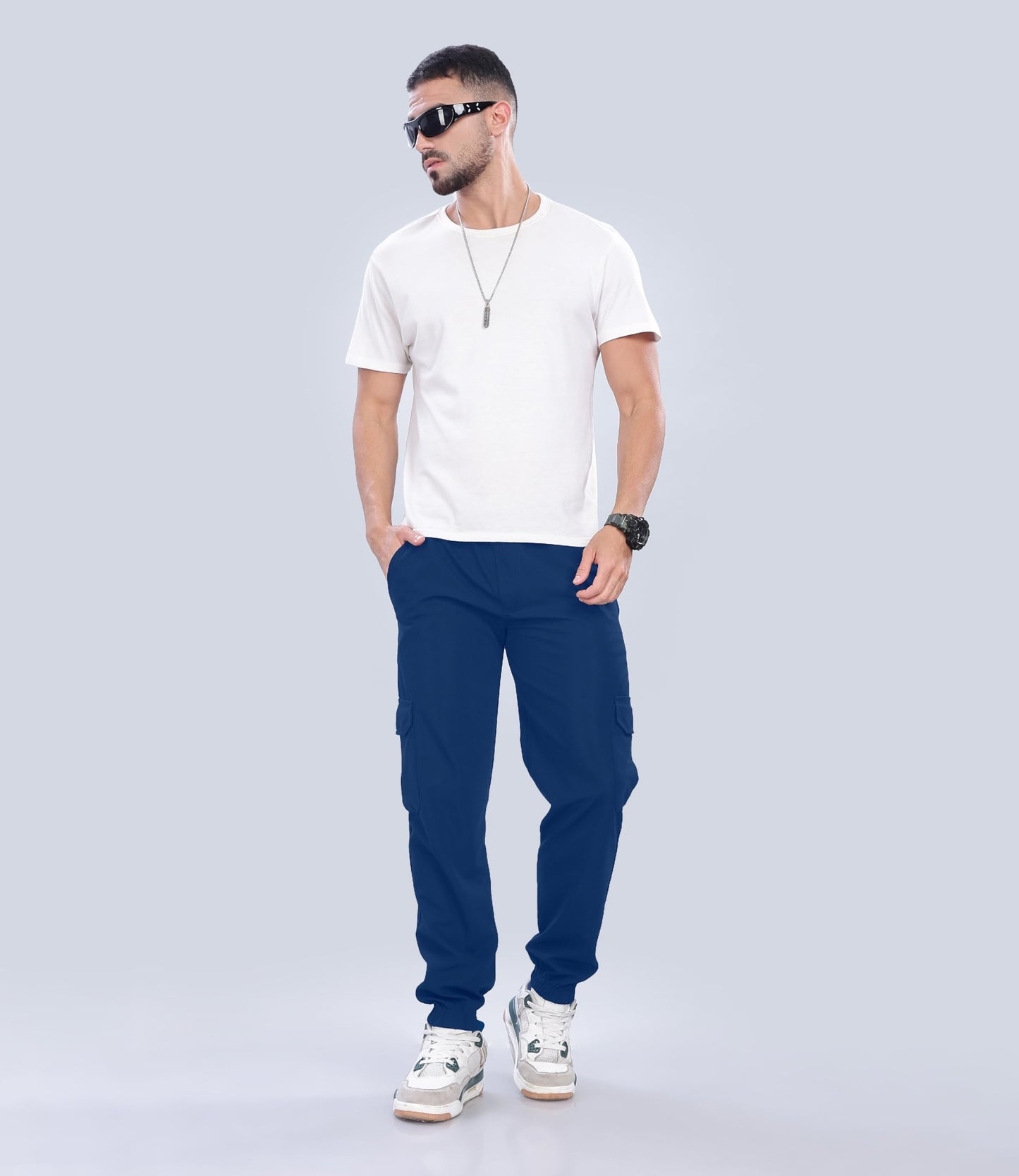 SHODOX Mens Casual Regular Fit Cargo Trackpant with Drawstring, Elastic Bottom with Side Pockets (Pack of 1) Blue