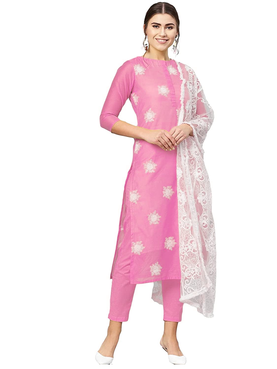 ANNI DESIGNER Womens Cotton Blend Embroidered Straight Kurta with Pant & Dupatta (White Show STYN Light Pink_M_Light Pink_Mediu