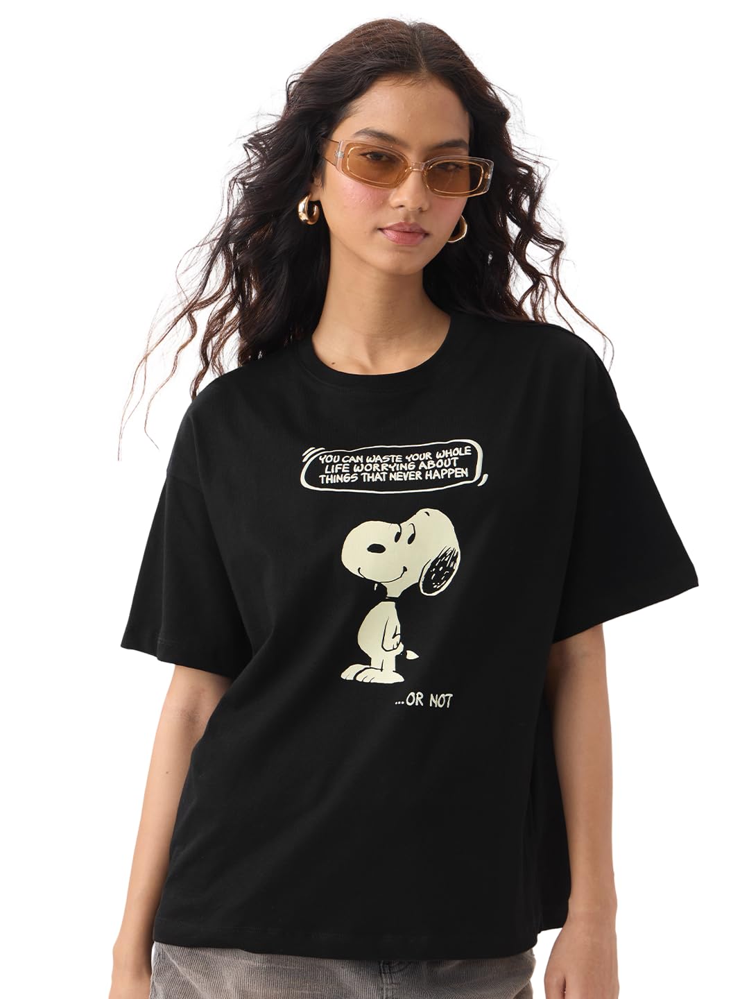 The Souled Store Peanuts: Overthink Women and Girls Short Sleeves Round Neck Black Graphic Printed Cotton Lightweight Everyday S