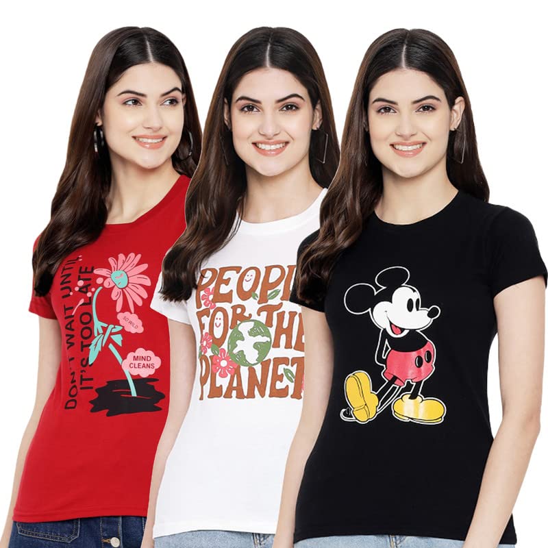 Preneum Womens Cotton Regular Fit Latest Graphic Stylish Printed Short Sleeves Casual T-Shirt || Trending & Styles (Pack 3), Re