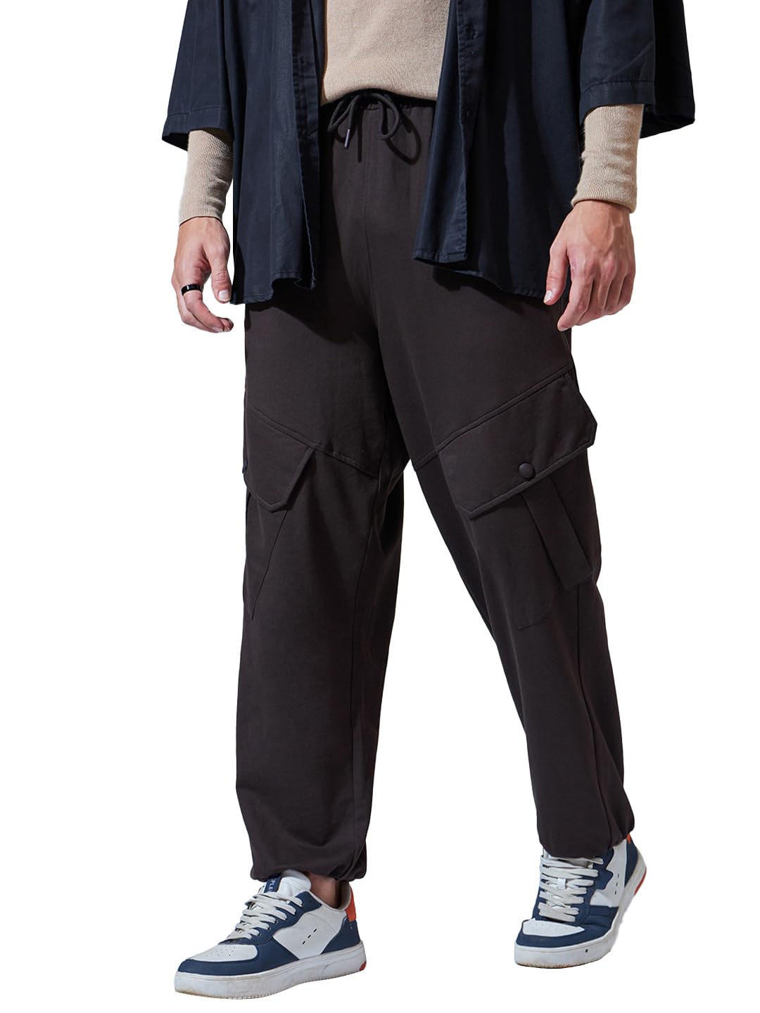 Bewakoof Mens Solid Super Loose Fit Cargo Joggers_609811_Brown_XL