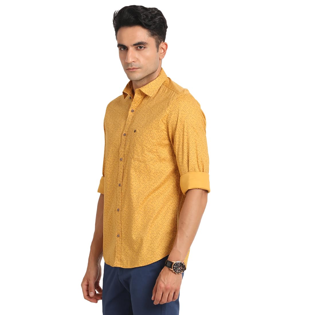 Turtle Men 100% Cotton Slim Fit Mustard Printed Casual Shirt