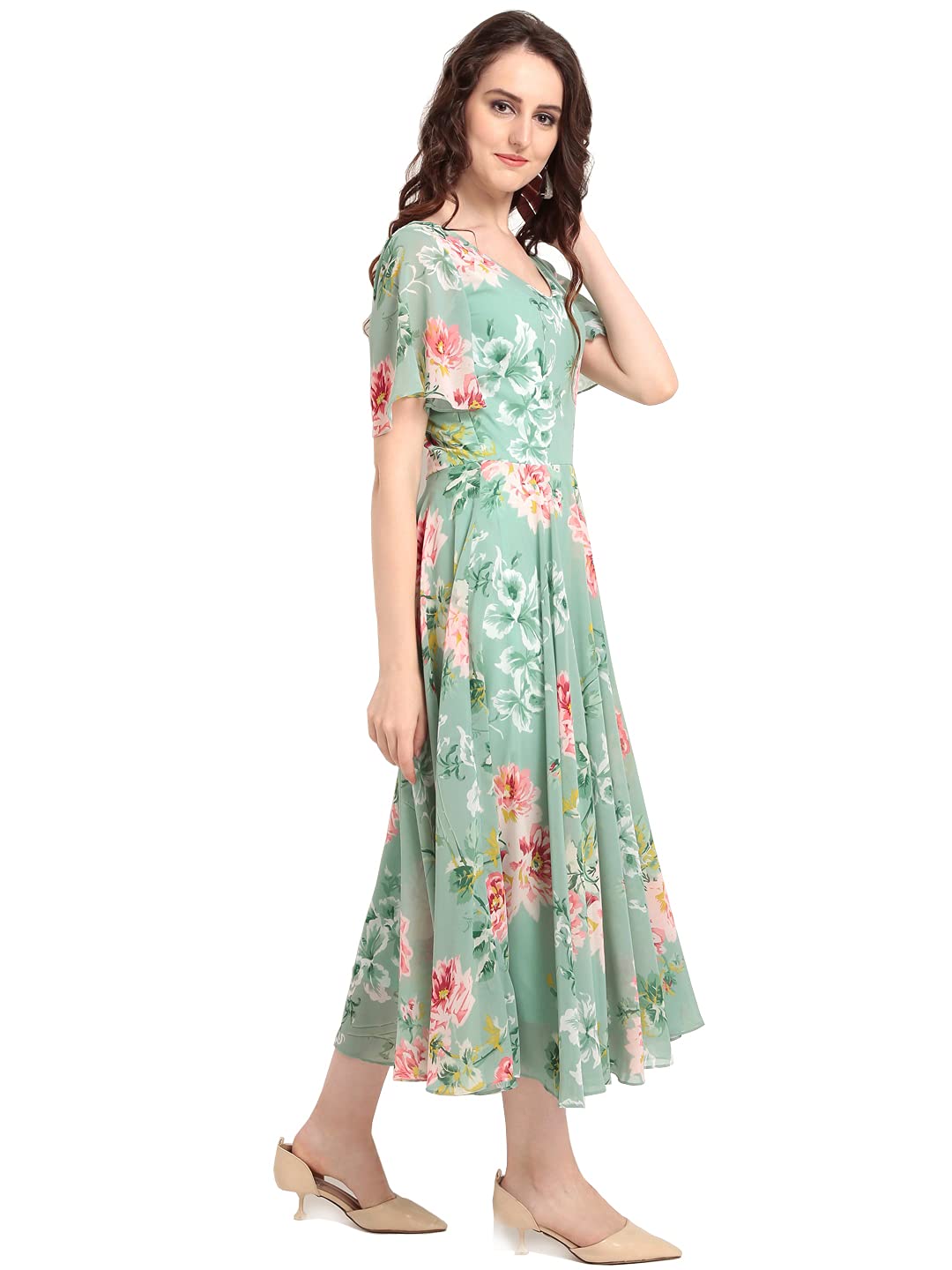 Rare London Women Georgette A-Line Calf Length Dress (Ep3153_B_Green)
