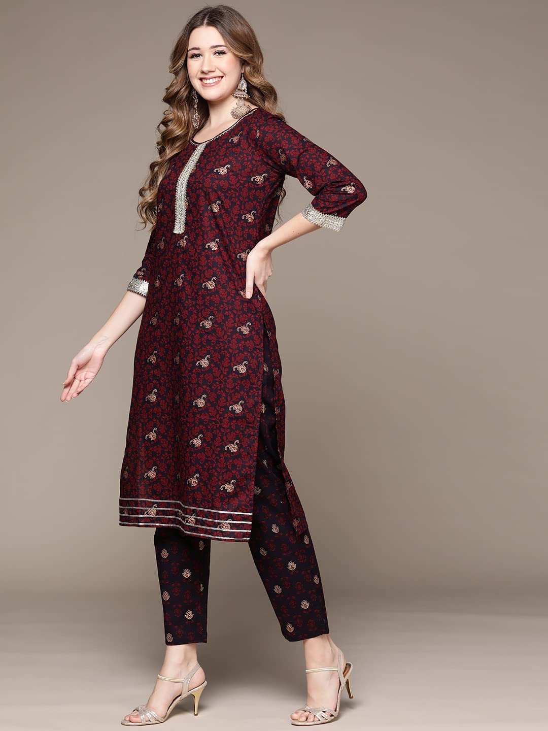 anubhutee Women's Cotton Black Gotta Patti Ethnic Print Straight Kurta Suit Set With Pants And Dupatta