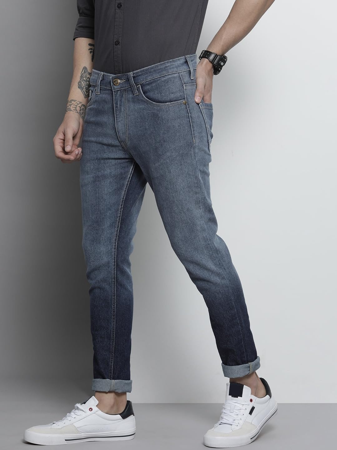 The Indian Garage Co Men Slim Fit Colorblocked Mid-Rise Stretchable Jeans Blue