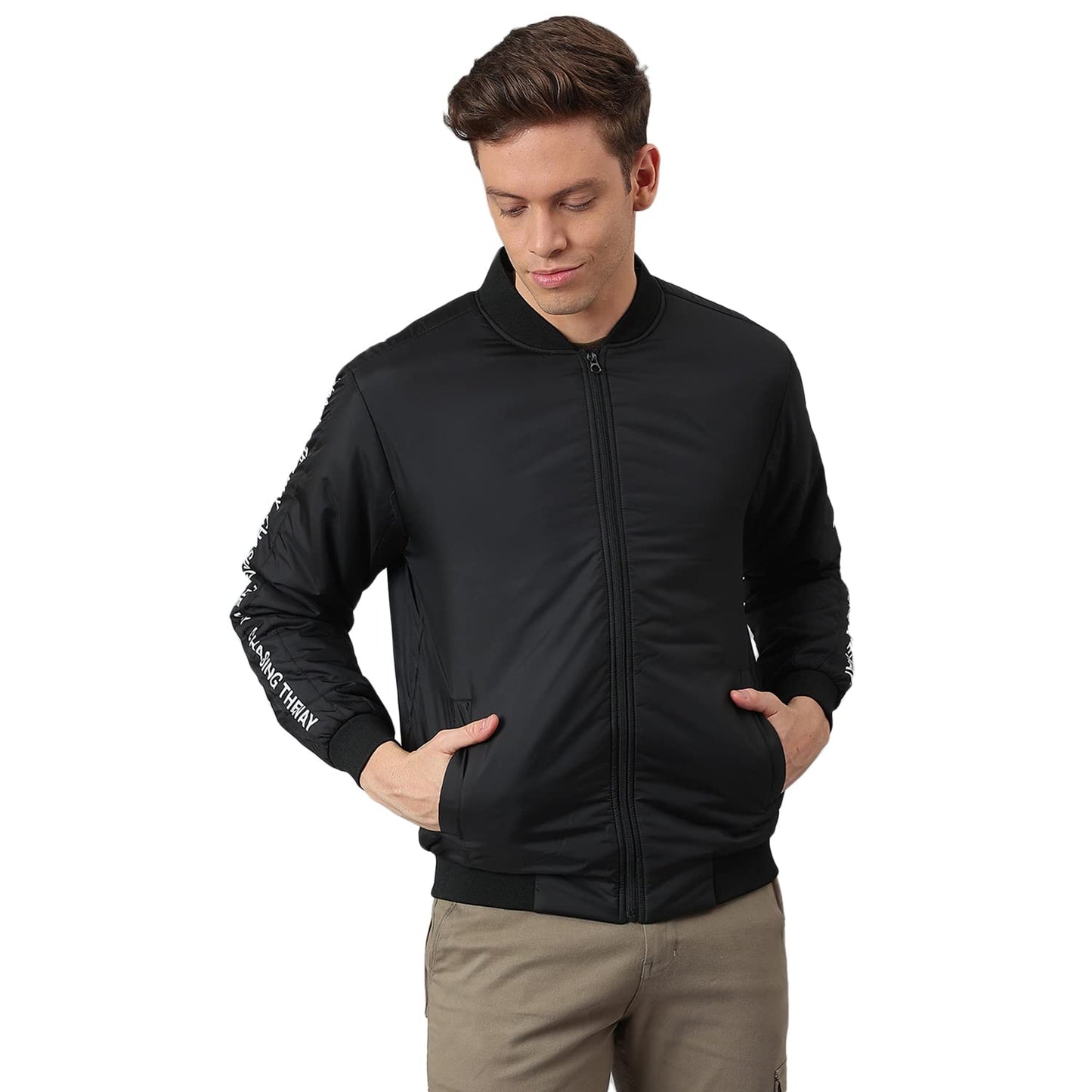 Dennis Lingo MenS Panelled Long-Sleeve Regular Fit Bomber Jacket - Waterproof, Lightweight, Casual Winterwear For Men (Black) (X