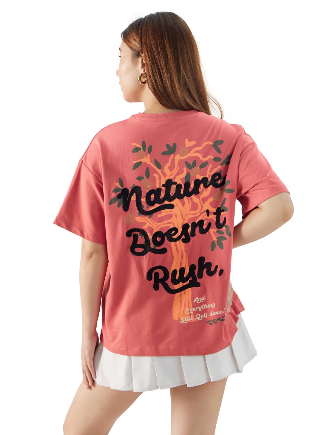 The Souled Store Slow Women and Girls Short Sleeves Round Neck Pink Embroidered Cotton Oversized T-Shirts