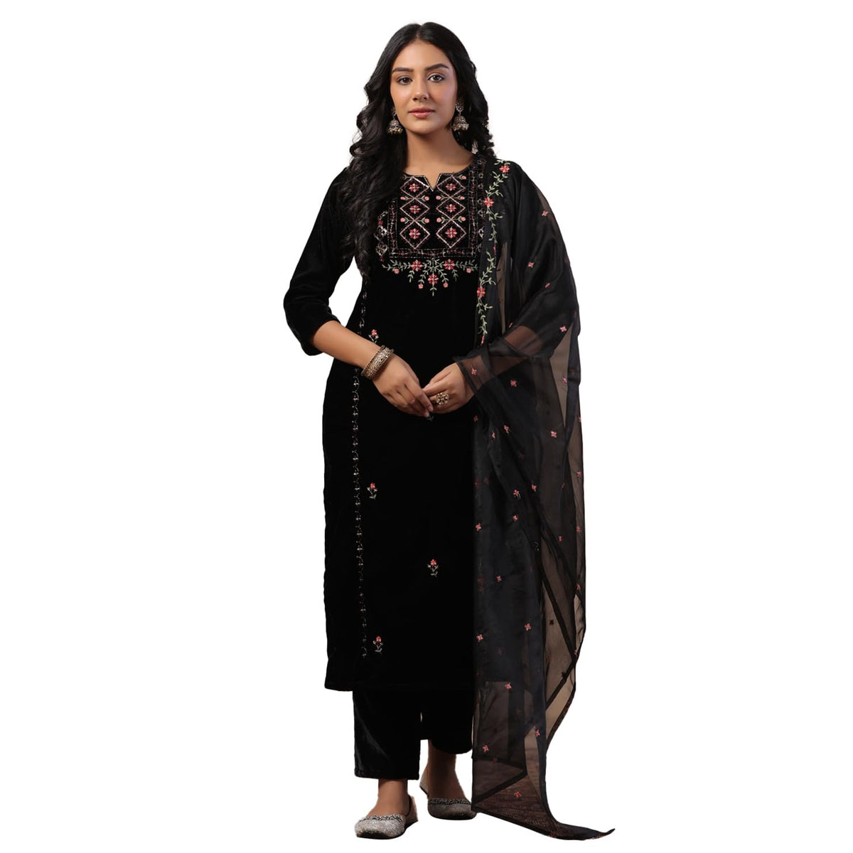 Ishin WomenS Velvet Woven Design Black Kurta Set