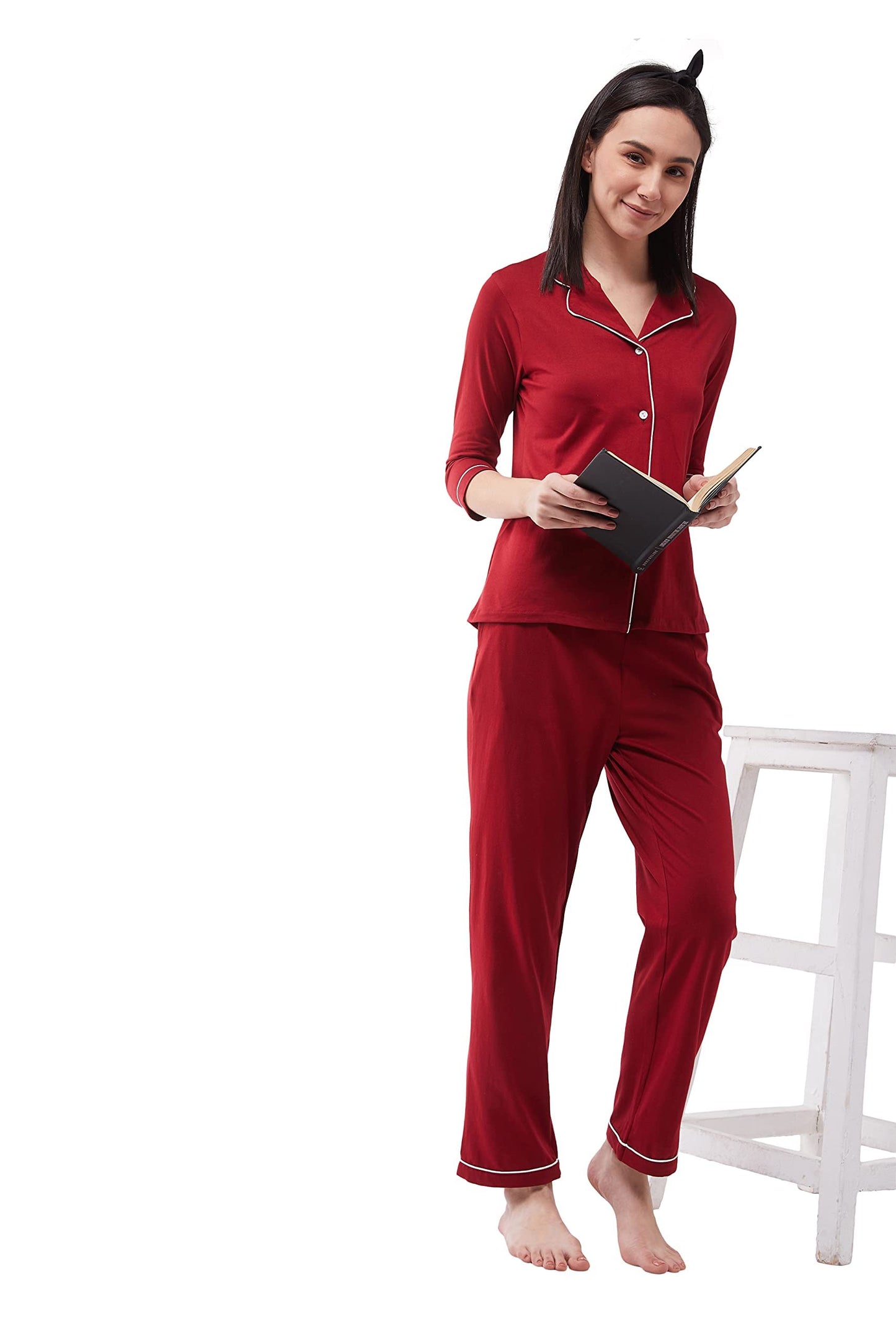 Miss Chase WomenS Cotton Collared 3/4Th Sleeves Printed Regular Length Night Suit Set (Mcaw20Nw06-22-143-06, Maroon, Xl)