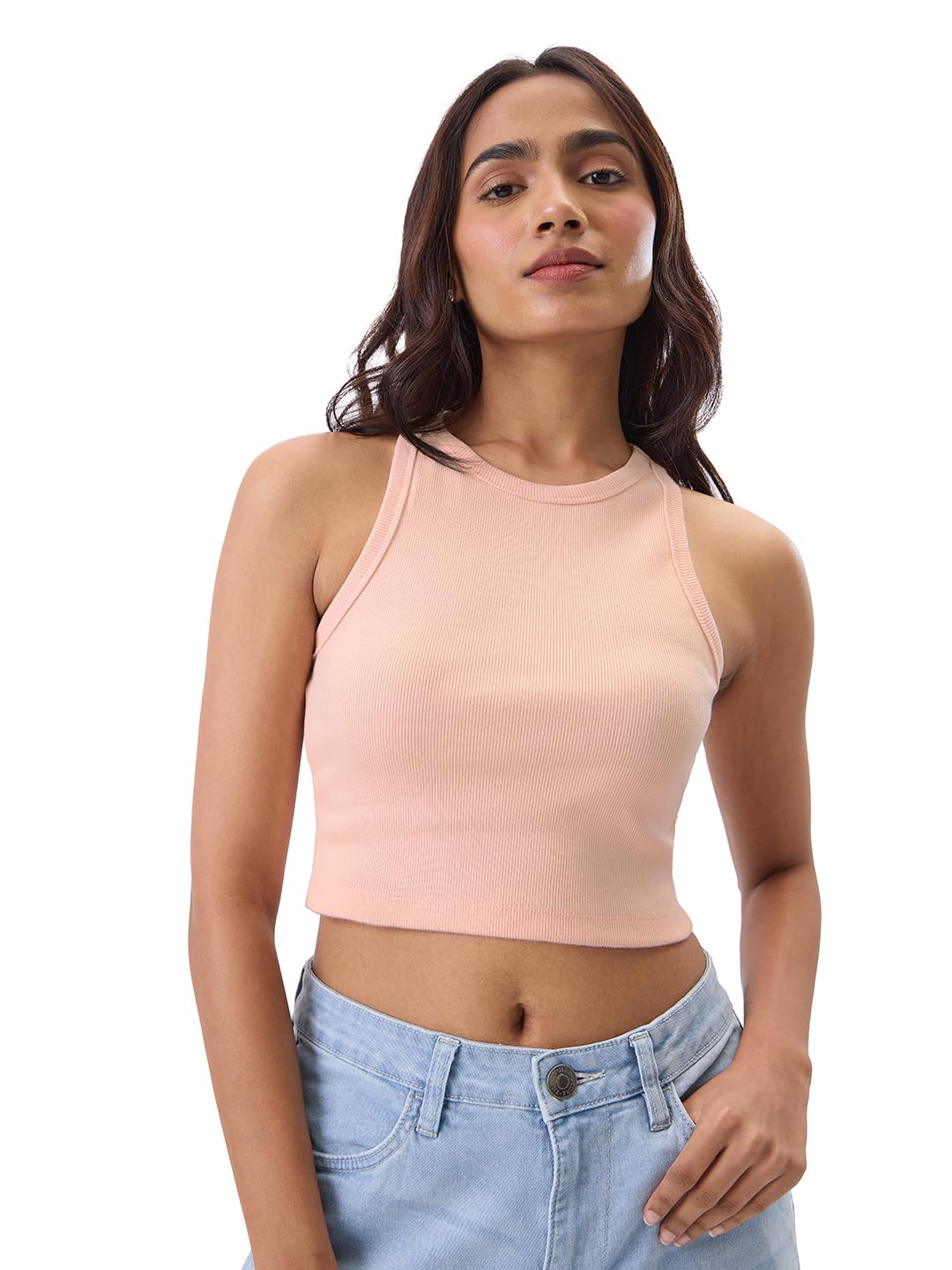 The Souled Store Solids: Nude Pink Women and Girls Round Neck Sleeveless Cotton Blend Tank Tops