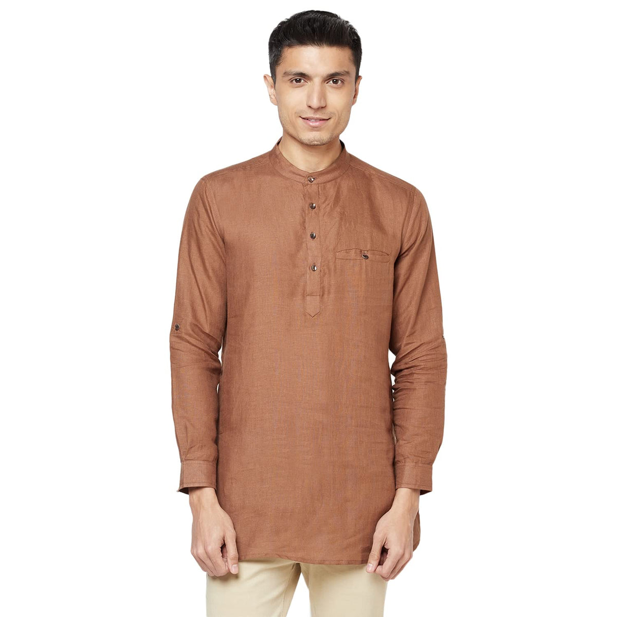 Fabindia MenS Linen Solids Slim Kurta_Mid Brown_S