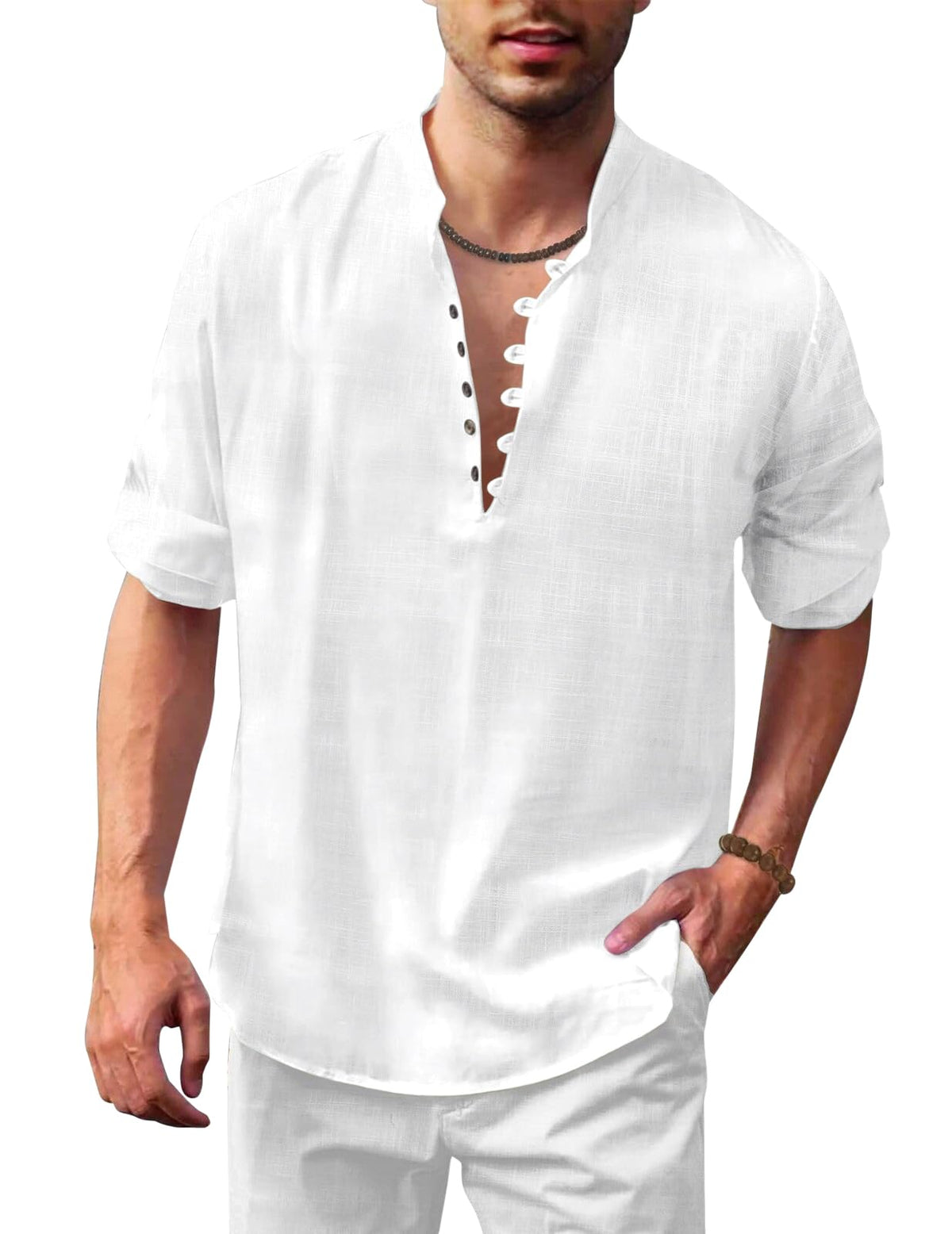 Royalscout MenS Solid Cotton Blend Straight Kurta Shirt | Regular Fit Full Sleeve Short Kurta White