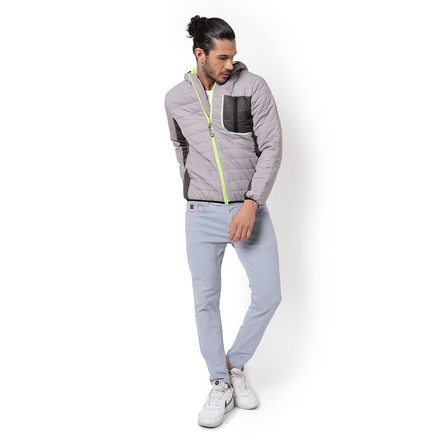 Campus Sutra Mens Grey Solid Puffer Regular Fit Bomber Jacket For Winter Wear | Hooded Collar | Full Sleeve | Zipper | Casual J