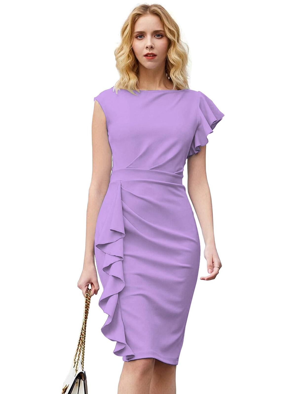 Shasmi Girl & WomenS Sleeve Ruffle Trim Cocktail Party Fitted One Piece Knee Length Midi Dress For Women Stylish Dresses (Midi