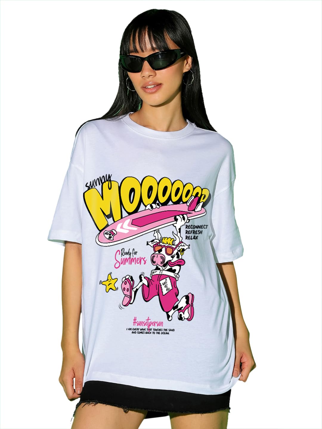 Bewakoof Womens Graphic Printed Oversized Fit Half Sleeve Round Neck Cotton Jersey T-Shirt_ 625121 White L